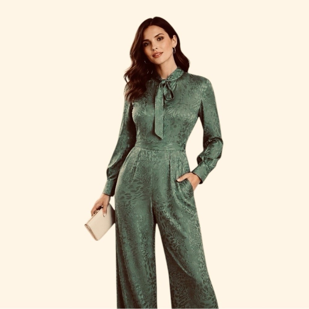 Topshop Green Jacquard Tie Neck Jumpsuit Long Sleeve Size US 2 Elegant